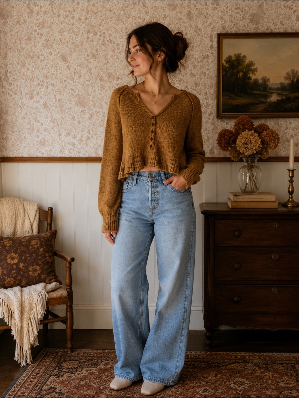 Free People Cropped V-Neck Button Sweater in Mustard Brown